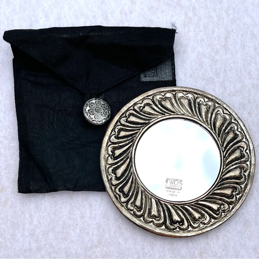 VTG TWO'S COMPANY ANTIQUED BLACK SILVER ROUND 3" MIRROR HANDHELD Scroll